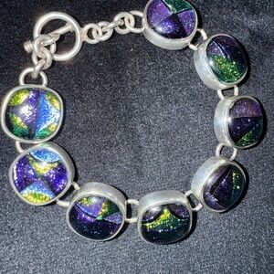 Stunning 925 Sterling Silver Foiled Art Glass Link Toggle. Bracelet